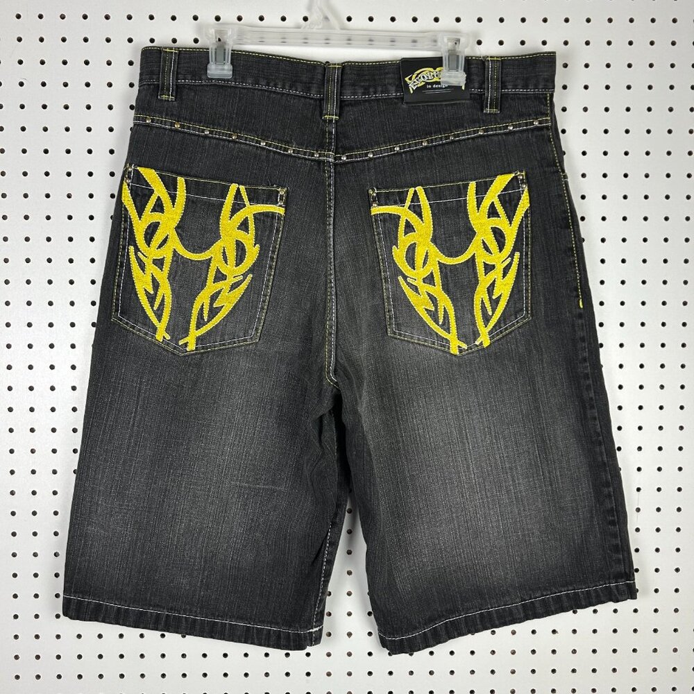 Evolution in Design Gothic Jorts Sz 38 Black Denim Riveted Stitched Skater Punk‎